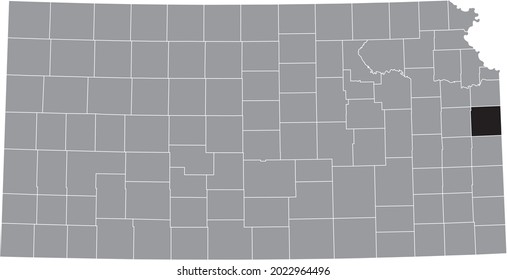 Schwarz hervorgehobene Standortkarte des Miami County in grauer Karte des Bundesstaates Kansas, USA