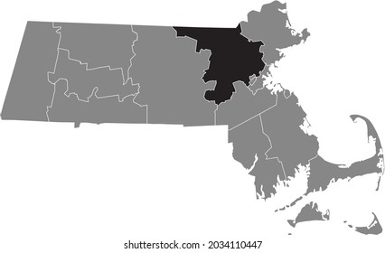 Black highlighted location map of the Middlesex County inside gray map of the Federal State of Massachusetts, USA