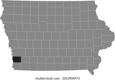 Black highlighted location map of the Mills County inside gray map of the Federal State of Iowa, USA