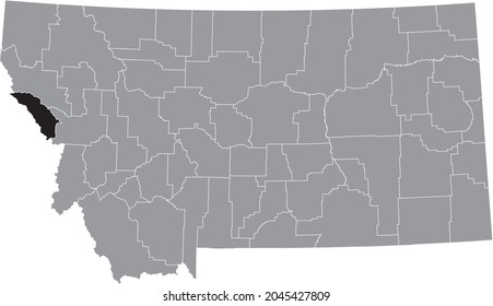 Black highlighted location map of the Mineral County inside gray map of the Federal State of Montana, USA