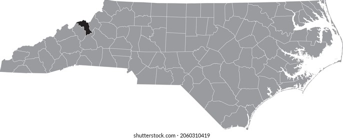 Black highlighted location map of the Mitchell County inside gray administrative map of the Federal State of North Carolina, USA