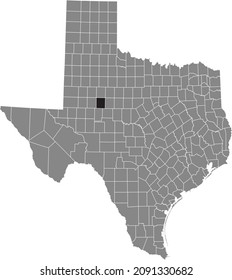 Black highlighted location map of the Mitchell County inside gray administrative map of the Federal State of Texas, USA