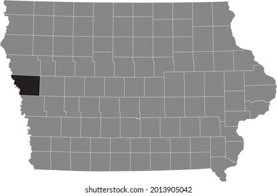 Black Highlighted Location Map Of The Monona County Inside Gray Map Of The Federal State Of Iowa, USA