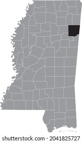 Black highlighted location map of the Monroe County inside gray map of the Federal State of Mississippi, USA