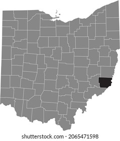 Black highlighted location map of the Monroe County inside gray administrative map of the Federal State of Ohio, USA