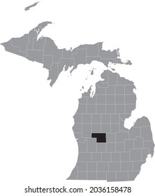 Black highlighted location map of the Montcalm County inside gray map of the Federal State of Michigan, USA