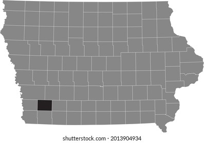 Black highlighted location map of the Montgomery County inside gray map of the Federal State of Iowa, USA