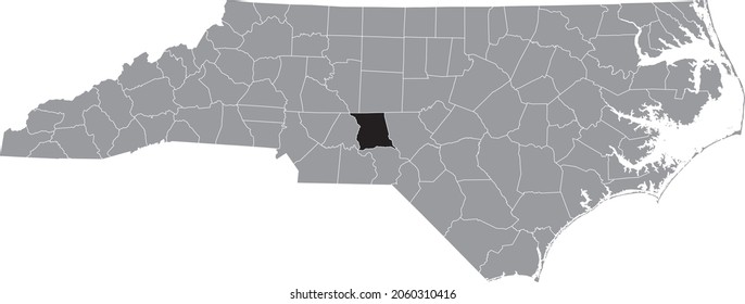 Black highlighted location map of the Montgomery County inside gray administrative map of the Federal State of North Carolina, USA