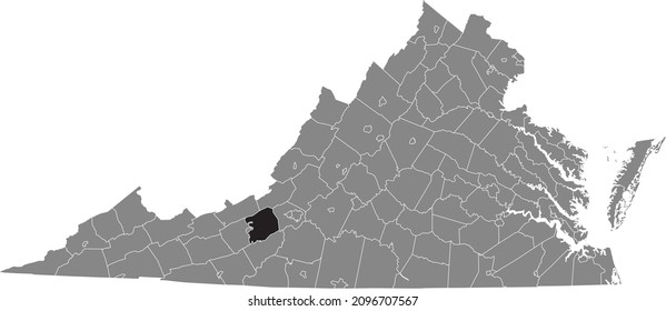 Black highlighted location map of the Montgomery inside gray administrative map of the Federal State of Virginia, USA