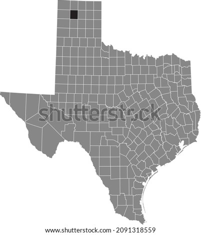 Black highlighted location map of the Moore County inside gray administrative map of the Federal State of Texas, USA