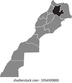 Black highlighted location map of the Moroccan Fès-Meknès region inside gray map of the Kingdom of Morocco