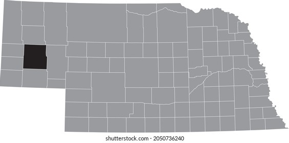Black highlighted location map of the Morrill County inside gray map of the Federal State of Nebraska, USA