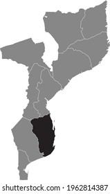 Black highlighted location map of the Mozambican Inhambane province inside gray map of the Republic of Mozambique