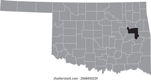 Black highlighted location map of the Muskogee County inside gray administrative map of the Federal State of Oklahoma, USA