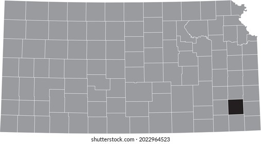 Black highlighted location map of the Neosho County inside gray map of the Federal State of Kansas, USA