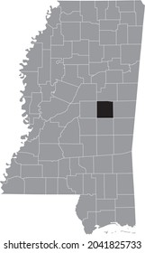 Mapa de ubicación resaltado en negro del condado de Neshoba dentro del mapa gris del estado federal de Misisipi, EE.