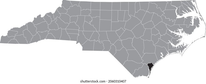 Black highlighted location map of the New Hanover County inside gray administrative map of the Federal State of North Carolina, USA