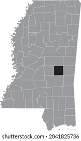 Black highlighted location map of the Newton County inside gray map of the Federal State of Mississippi, USA