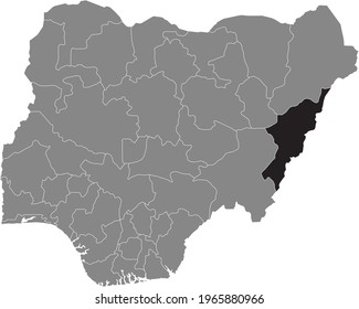 Black highlighted location map of the Nigerian Adamawa state inside gray map of the Republic of Nigeria