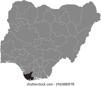 Black highlighted location map of the Nigerian Bayelsa state inside gray map of the Republic of Nigeria