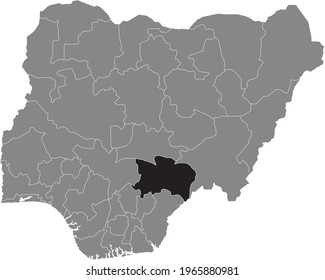Black highlighted location map of the Nigerian Benue state inside gray map of the Republic of Nigeria