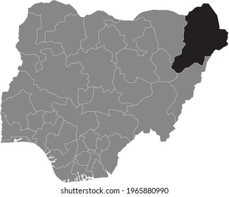 Black highlighted location map of the Nigerian Borno state inside gray map of the Republic of Nigeria
