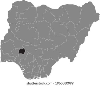 Black highlighted location map of the Nigerian Ekiti state inside gray map of the Republic of Nigeria