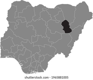 Black highlighted location map of the Nigerian Gombe state inside gray map of the Republic of Nigeria