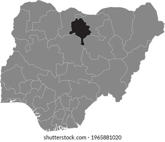Black highlighted location map of the Nigerian Kano state inside gray map of the Republic of Nigeria