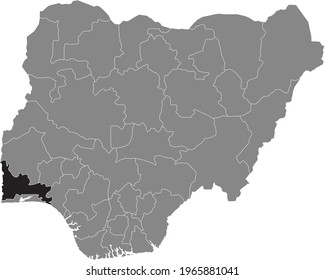 Mapa de ubicación resaltado en negro del estado Ogun nigeriano dentro del mapa gris de la República de Nigeria