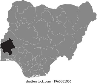 Black highlighted location map of the Nigerian Oyo state inside gray map of the Republic of Nigeria