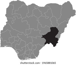 Black highlighted location map of the Nigerian Taraba state inside gray map of the Republic of Nigeria