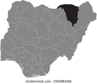 Black highlighted location map of the Nigerian Yobe state inside gray map of the Republic of Nigeria