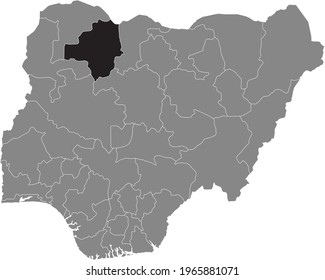 Black highlighted location map of the Nigerian Zamfara state inside gray map of the Republic of Nigeria