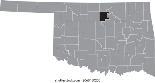 Black highlighted location map of the Noble County inside gray administrative map of the Federal State of Oklahoma, USA