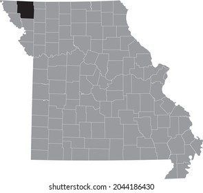 Black highlighted location map of the Nodaway County inside gray map of the Federal State of Missouri, USA