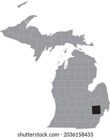 Black highlighted location map of the Oakland County inside gray map of the Federal State of Michigan, USA