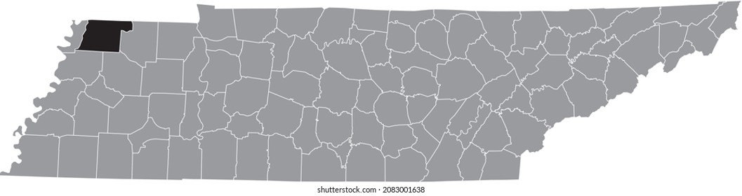 Black highlighted location map of the Obion County inside gray administrative map of the Federal State of Tennessee, USA