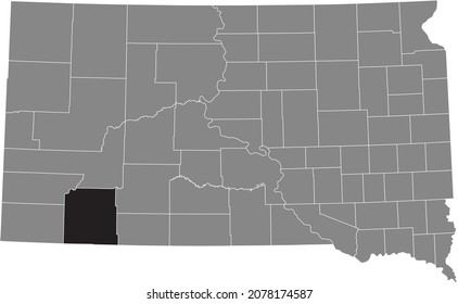 Black highlighted location map of the Oglala Lakota County inside gray administrative map of the Federal State of South Dakota, USA