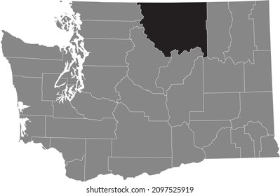 Black highlighted location map of the Okanogan County inside gray administrative map of the Federal State of Washington, USA