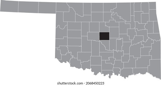 Black highlighted location map of the Oklahoma County inside gray administrative map of the Federal State of Oklahoma, USA