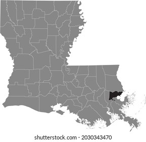 Black Highlighted Location Map Of The Orleans Parish Inside Gray Map Of The Federal State Of Louisiana, USA