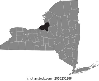 Black highlighted location map of the Oswego County inside gray map of the Federal State of New York, USA