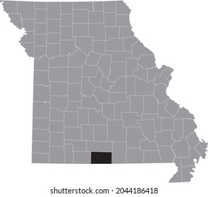 Black highlighted location map of the Ozark County inside gray map of the Federal State of Missouri, USA