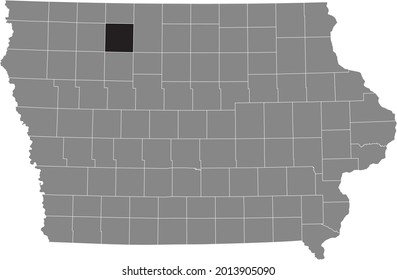 Black highlighted location map of the Palo Alto County inside gray map of the Federal State of Iowa, USA