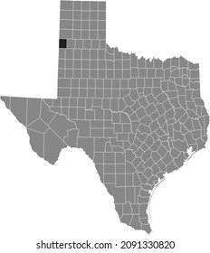 Black highlighted location map of the Parmer County inside gray administrative map of the Federal State of Texas, USA