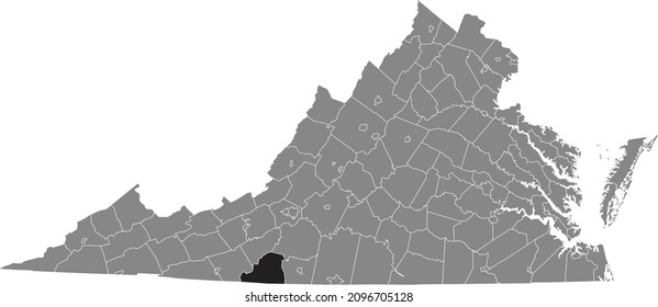 Black highlighted location map of the Patrick inside gray administrative map of the Federal State of Virginia, USA