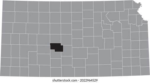 Black highlighted location map of the Pawnee County inside gray map of the Federal State of Kansas, USA