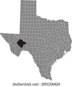 Mapa de ubicación resaltado en negro del Condado de Pecos dentro del mapa administrativo gris del Estado Federal de Texas, Estados Unidos