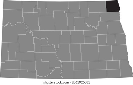 Schwarz hervorgehobene Standortkarte des Pembina County in grauer Verwaltungskarte des Bundesstaates North Dakota, USA